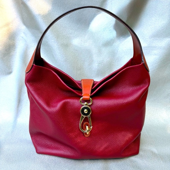 Dooney & Bourke Red Brown Pebble Grain Lucca Leather Lock Logo Shoulder Hobo Bag - Picture 1 of 12